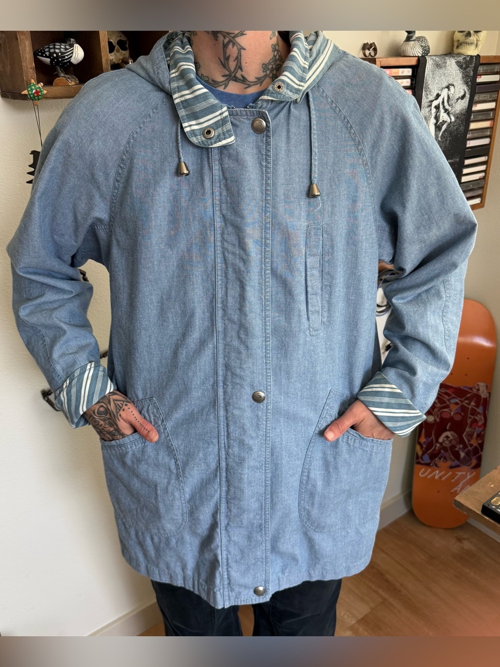 Vintage 80s 90s Denim Hickory Striped Lightweight Hooded Parka Jacket ~ Size M